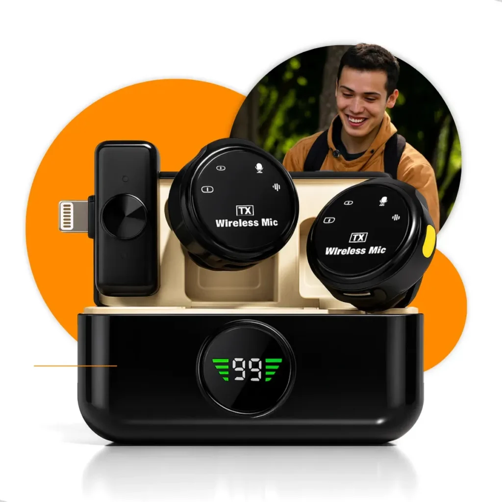 Microfone Lapela Redondo Imã Sem Fio Preto Duplo Anti Ruído Cor Preto – Lightning IPhone 8 ao 14