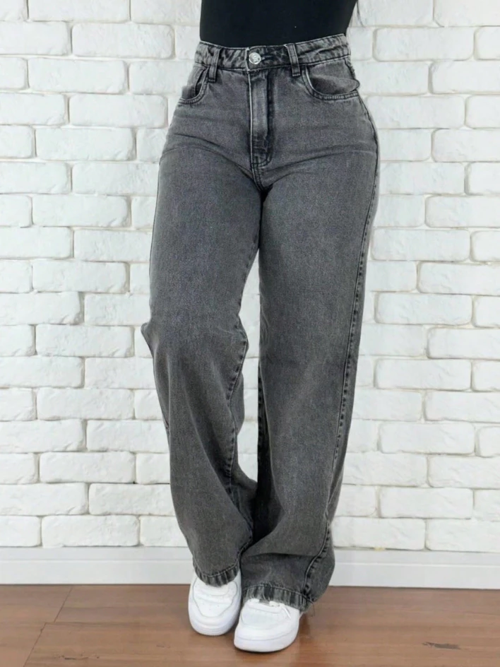 Calça Jeans Feminina Wide Leg Marmorizada Cintura Alta Empina Bumbum