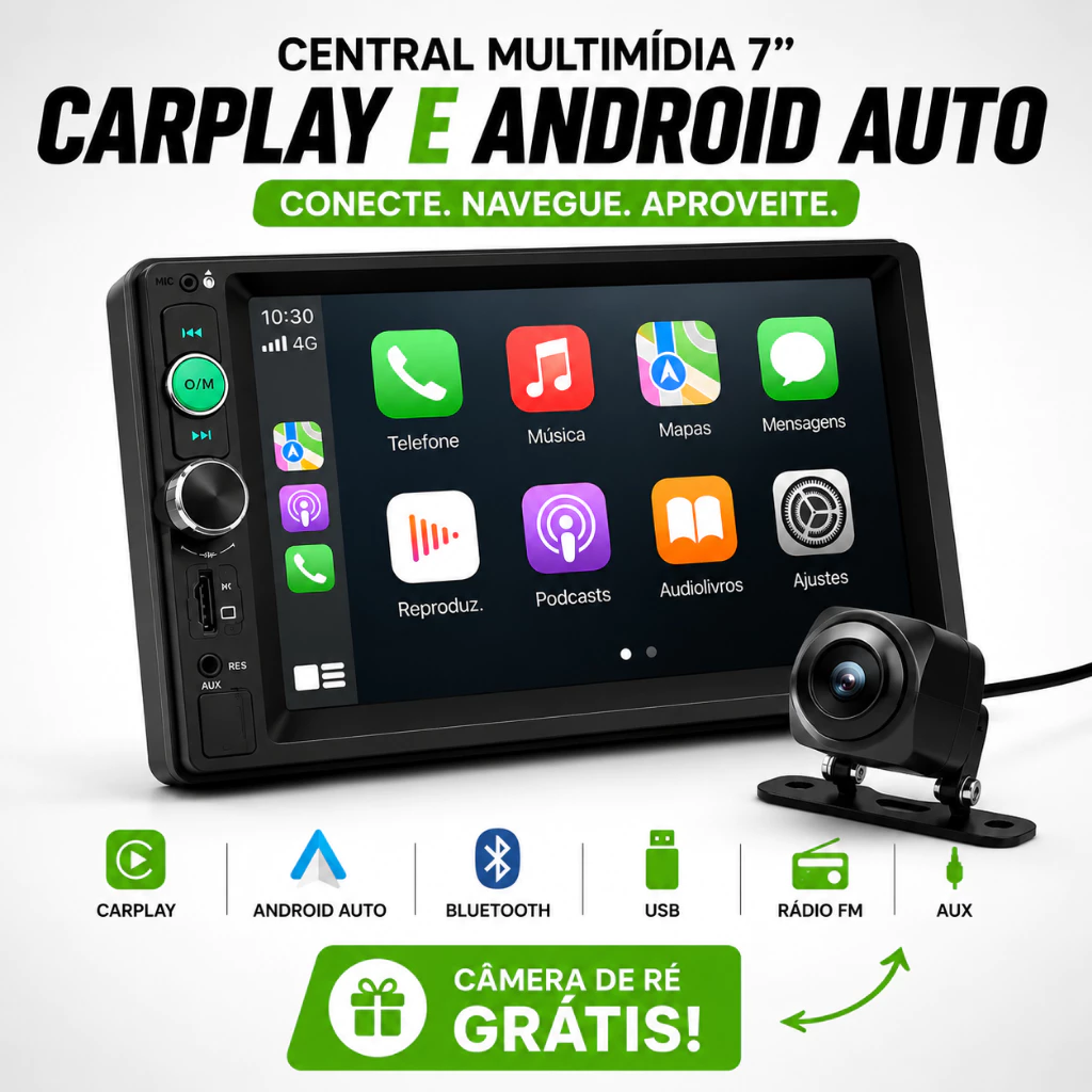 Central Multimídia 2 Din 7″ Polegadas CarPlay Android Auto via Cabo Câmera de Ré + Bluetooth Som Automotivo
