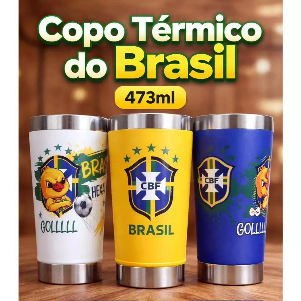 Copo Termico 473ml Personalizado Brasil Com Abridor integrado e Tampa – Tema Copa do Mundo