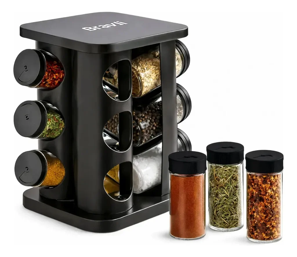 Porta Temperos Condimentos Giratório Kit 12 Potes De Vidro Com Tampa Dosadora 3 Regulagens Preto Quadrado Bravli
