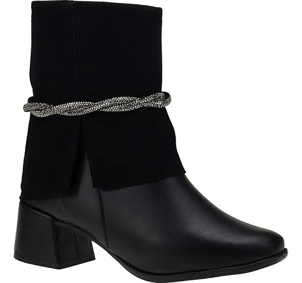 Bota Salto Bico Quadrado Strass Ziper Gola Capa Virada Macia