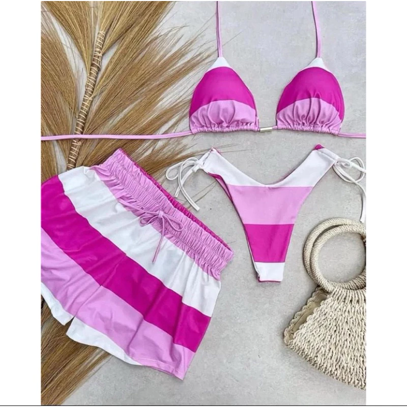 Biquini kit 3 pecas triquini biquini short Cortininha Bojo removível Short Verão 2026 Oferta