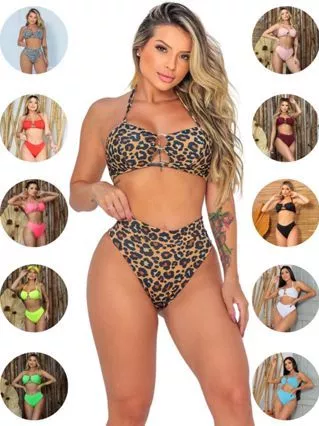Biquini Feminino Animal Print Biquíni Hot Pants Suplex De Amarrar Biquine Cintura Alta Bikini Praia