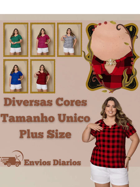 Blusa Feminina Manga Japonesa Xadrez Em Viscose Com Fivela Na Gola Rodeio Festa Junina