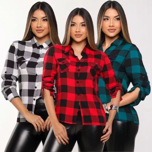 Camisa Xadrez Femenina Quadriculado Manga Longa Viscose Rodeio Feminino Blusa Mulher Para Quadrilha