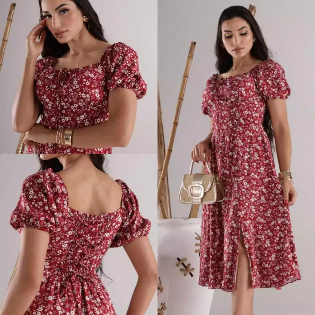 🌸 Vestido Feminino Floral Midi com Manga Curta e Forro – Tecido Viscolinho 🌿✨