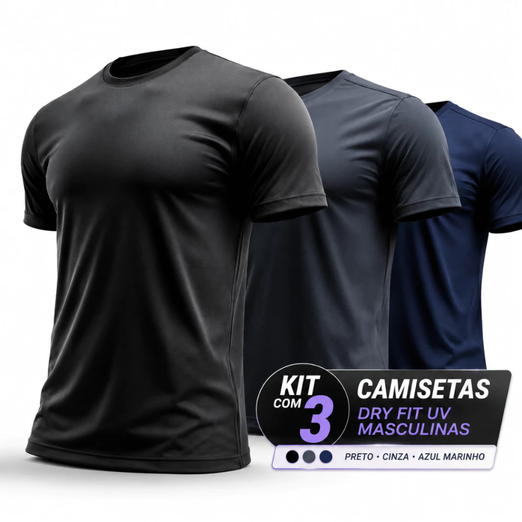 Kit 03 Camiseta Manga Curta Uv Treino Academia Proteção Solar Esporte Fitnes Premium Casual