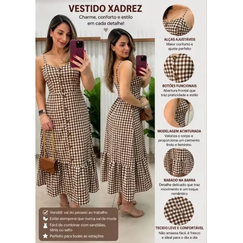 Vestido MIDI Xadrez Crepinho com Bojo – Confortável e Estilo Verão, Alça Fina regulaveis, Botões funcionais TENDENCIA