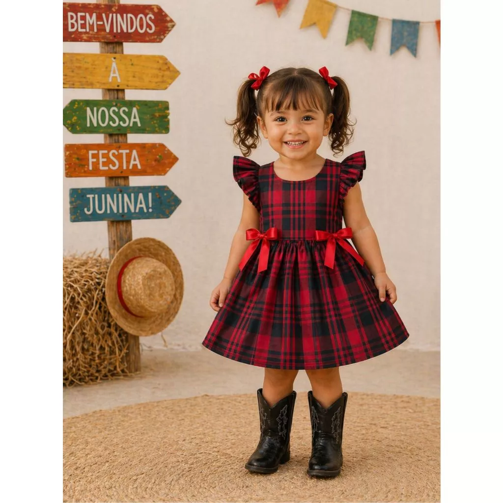 Vestido Junino Infantil Xadrez Vermelho Preto Laço Costas Festa Junina Menina 2 6 Anos Quadriculado