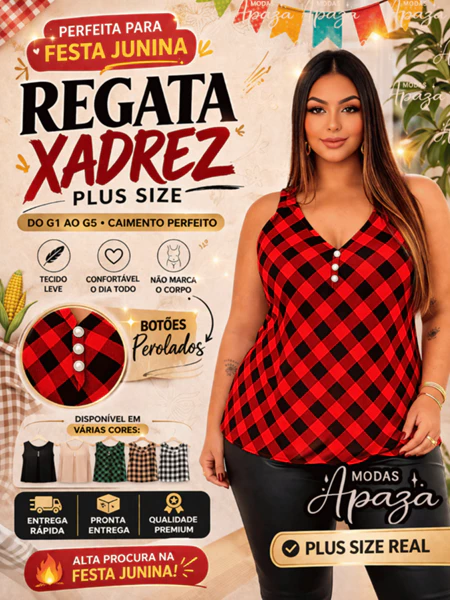 Regata Plus Size Xadrez Feminina G1 ao G5 – Tecido Duna Leve – Não Marca – Caimento Perfeito Tendencia Festa Junina