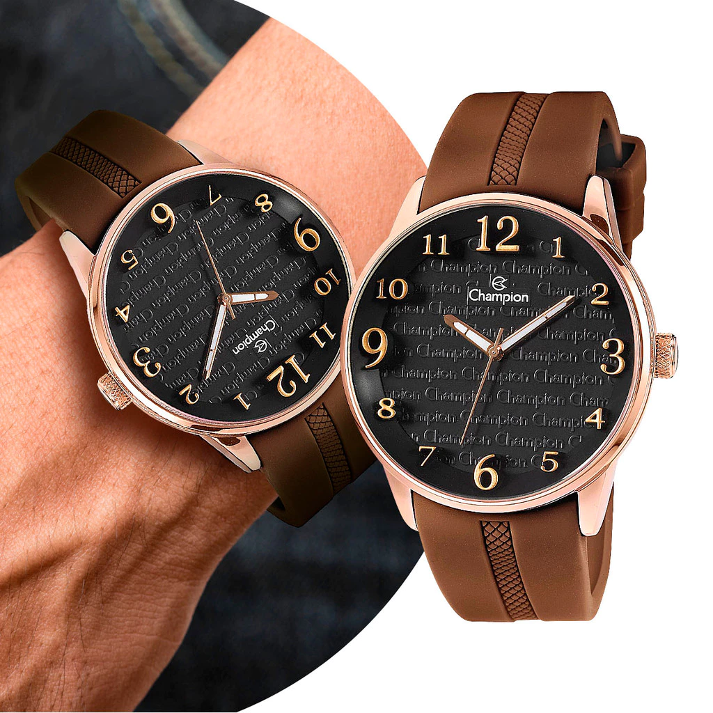 Relógio Masculino Analógico de Pulso com Pulseira de Silicone Marrom com Fundo Preto Luxo Elegante Champion Original